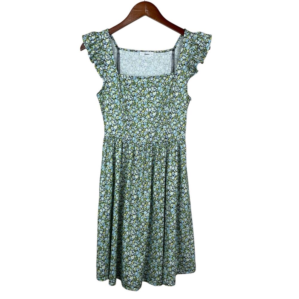 Loemes Dress Blue Green Floral Sundress Flutter Sleeves Pockets Boho Women's S